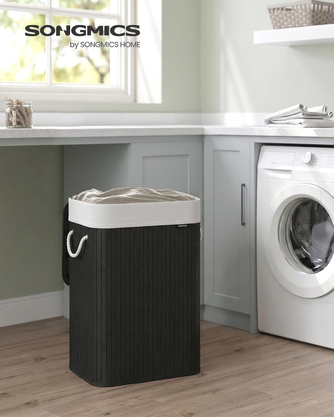 SONGMICS Wäschekorb mit Deckel, 72 Liter, Wäschesammler aus Bambus, faltbar, Wäschesack herausnehmba