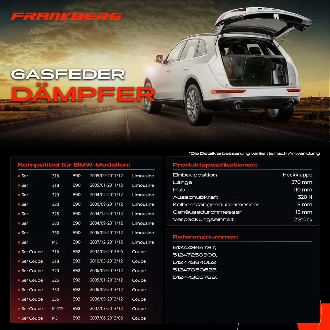 Frankberg 2x Gasfeder Dämpfer Heckklappe Kompatibel mit 3er E90 316 318 320 323 325 330 Limousine 20