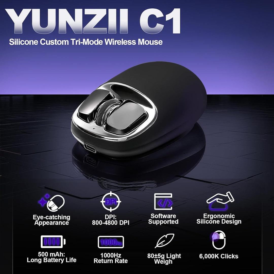 YUNZII C1 Silikon-Funkmaus,Tri-Mode 2,4 GHz/USB-C/Bluetooth Maus, 4800 DPI Optisches Abtastung, 6 Ve