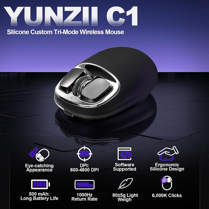 YUNZII C1 Silikon-Funkmaus,Tri-Mode 2,4 GHz/USB-C/Bluetooth Maus, 4800 DPI Optisches Abtastung, 6 Ve