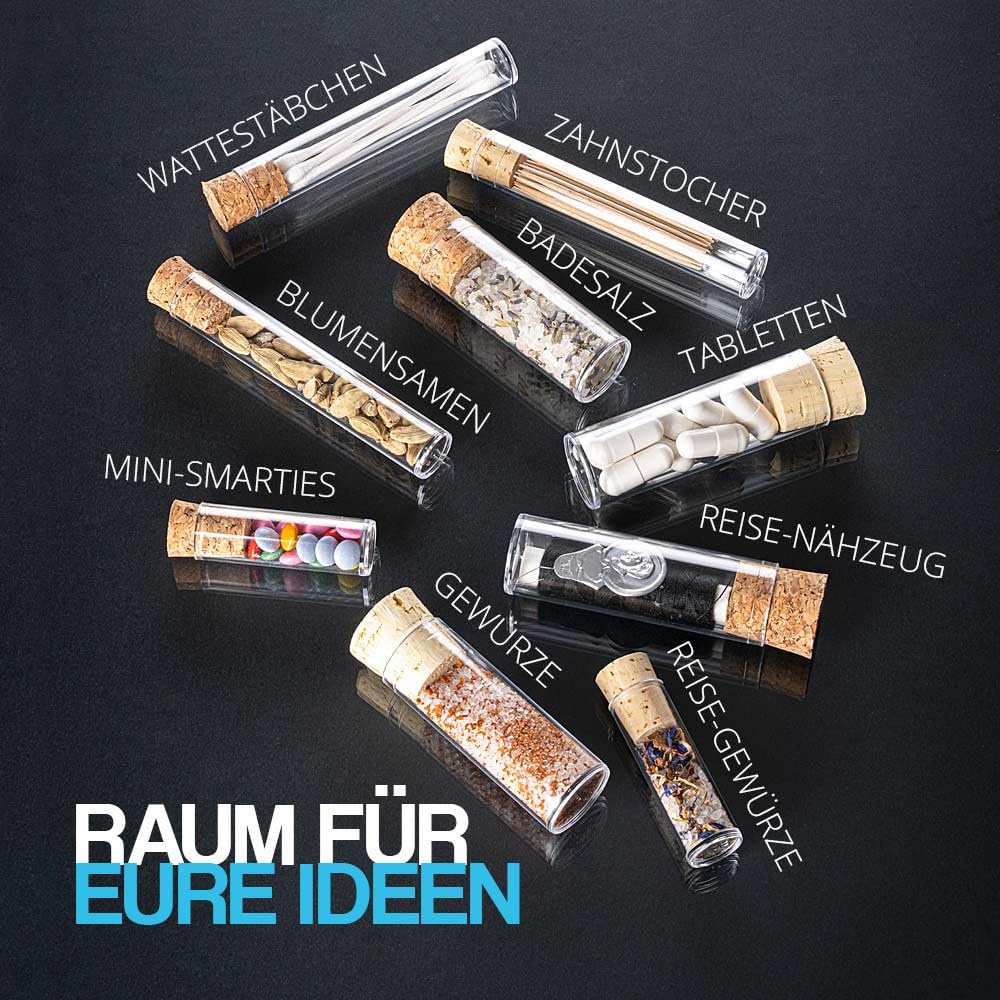 Tuuters 100x Kunststoff Reagenzgläser mit Korken, Kunststoffröhrchenn (65 x Ø23, Naturkorken) 65 x Ø