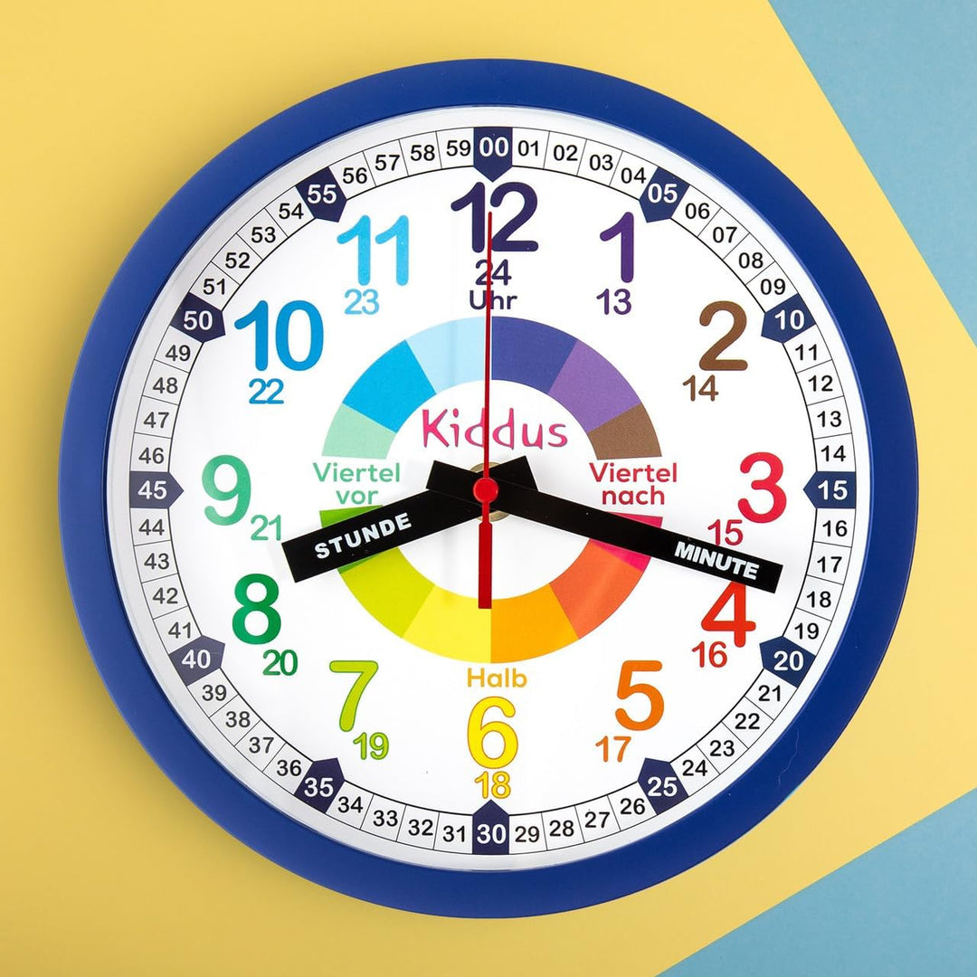 Kiddus Kinder Wanduhr, Jungen und Mädchen, Analoger Lernuhr mit Zeitlernübungen, Kinderwanduhr Ohne