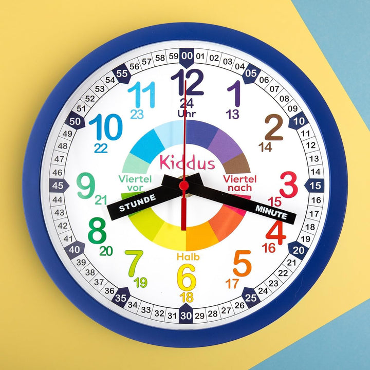 Kiddus Kinder Wanduhr, Jungen und Mädchen, Analoger Lernuhr mit Zeitlernübungen, Kinderwanduhr Ohne