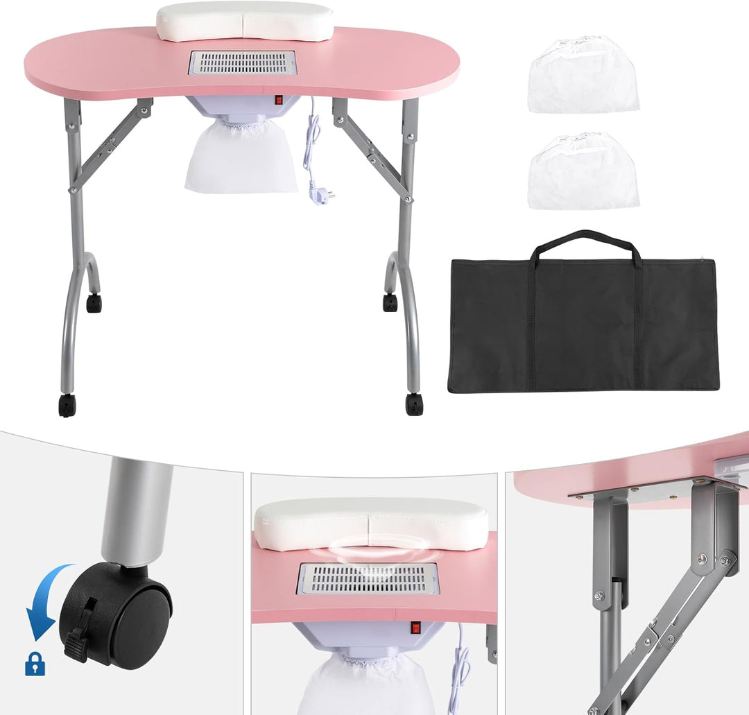 Maniküretisch, klappbar, 90x40cm, 30kg, mit Absaugung, Rosa | MDF,Eisenrohr,geschweisst,5.5W Absaugu