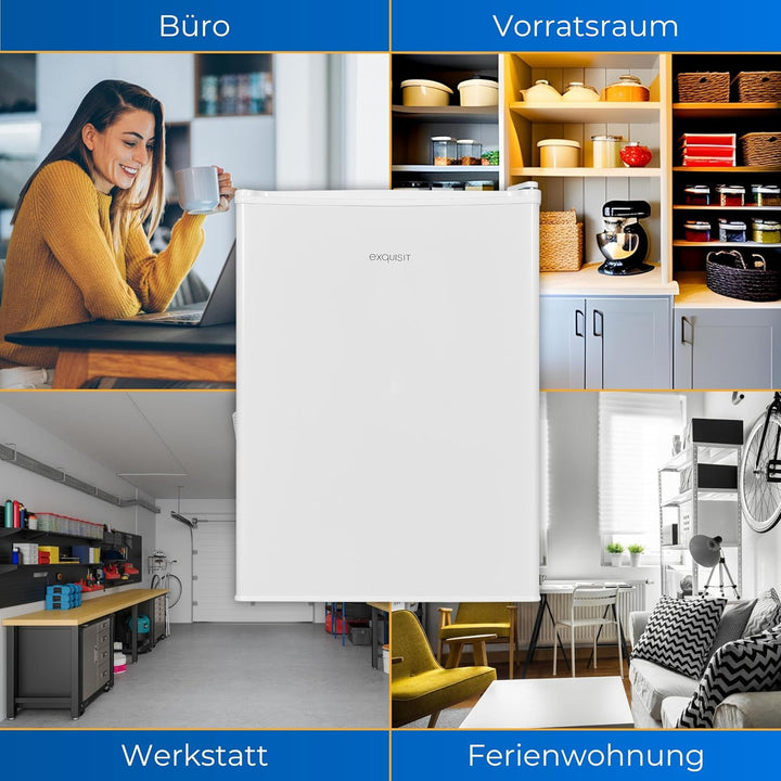 Exquisit Mini Kühlschrank KB60-V-090E weiss | 52 l Nutzinhalt | LED-Innenbeleuchtung | Glasablagen |
