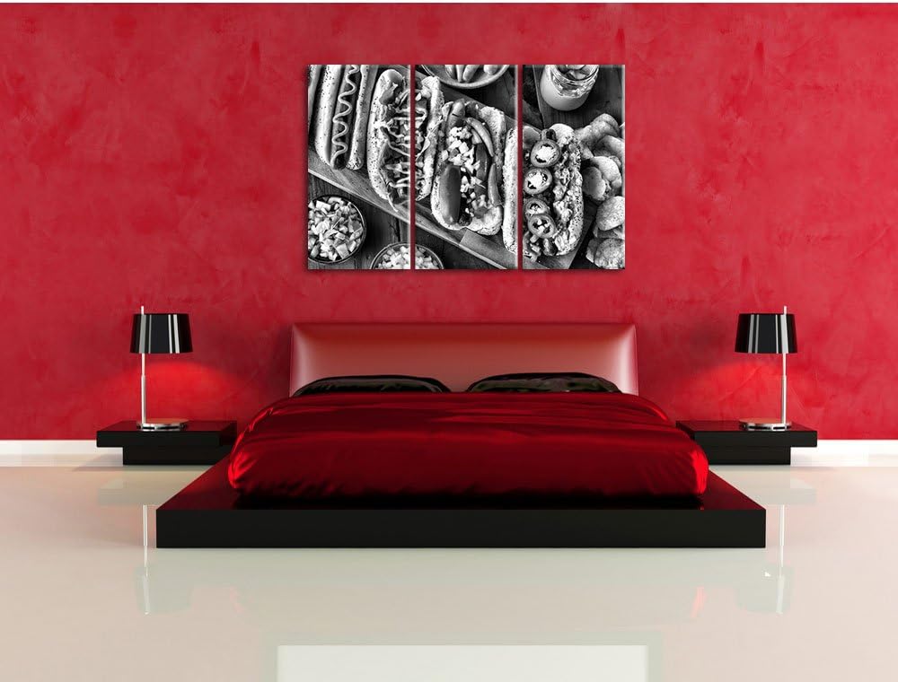 Pixxprint Amerikanische Hotdogs als Leinwandbild/Grösse: 3 Teilig (120x80) cm/Wandbild/Kunstdruck/fe