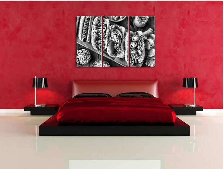 Pixxprint Amerikanische Hotdogs als Leinwandbild/Grösse: 3 Teilig (120x80) cm/Wandbild/Kunstdruck/fe