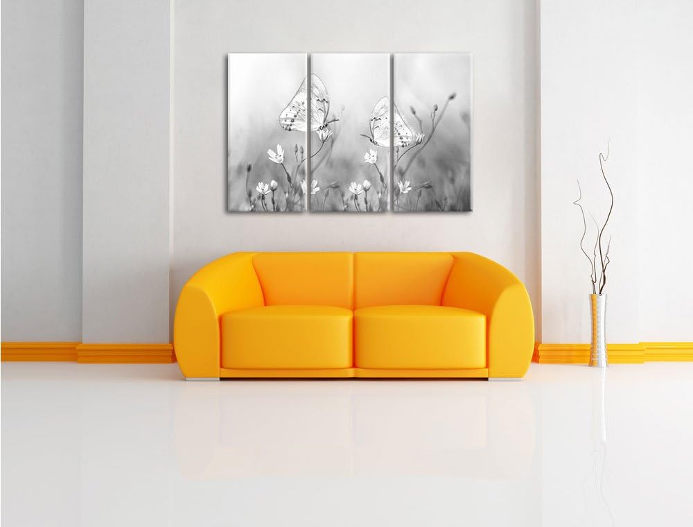Pixxprint Schmetterling auf kleinen Blumen als Leinwandbild/Grösse: 3 Teilig (120x80 cm) cm/Wandbild