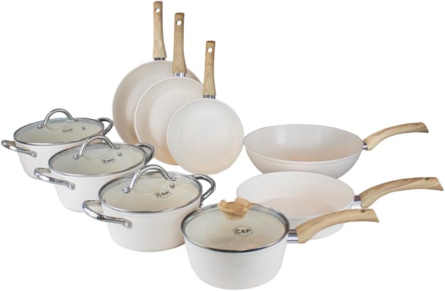 Cook & Pan - Go Ivory Topfset und Pfannenset 9-teilig-Induktionsgeeignet-PFAS frei Keramik-Beschicht
