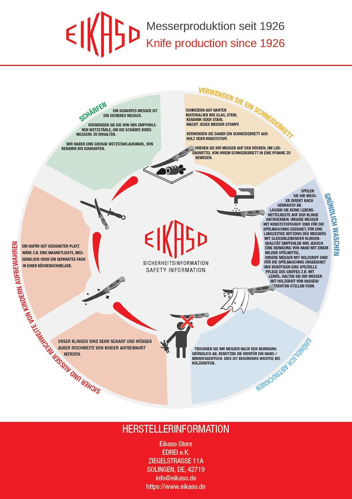 EIKASO Solingen Germany Ausbeinmesser gerade mit Kullen 18cm Klinge aus Molybdänstahl 1.4116 Profi F