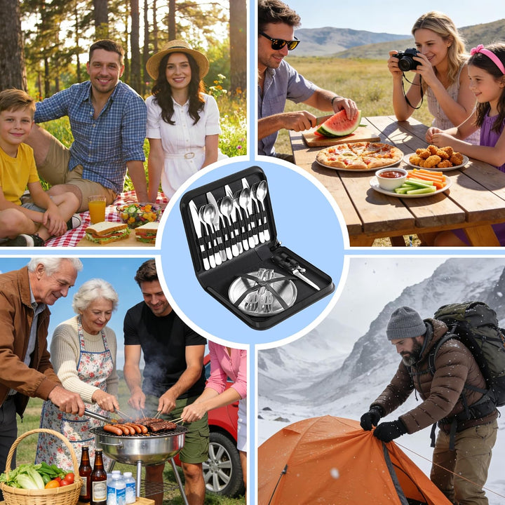 Camping Geschirr 4 Persoen Set, Camping Besteck mit Edelstahl Gabeln, Messer und Löffel, Inklusive B
