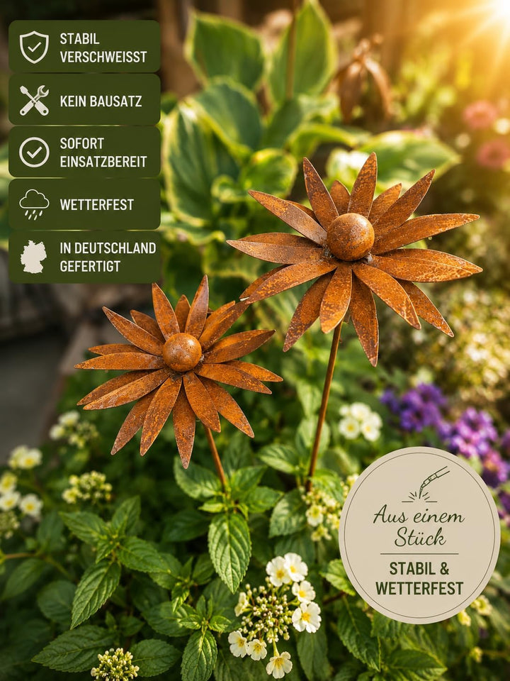 Bornhöft 3er Set Gartenstecker Sonnenhut Metall Rost Gartendeko Edelrost Rankstab Beetstecker Topfst