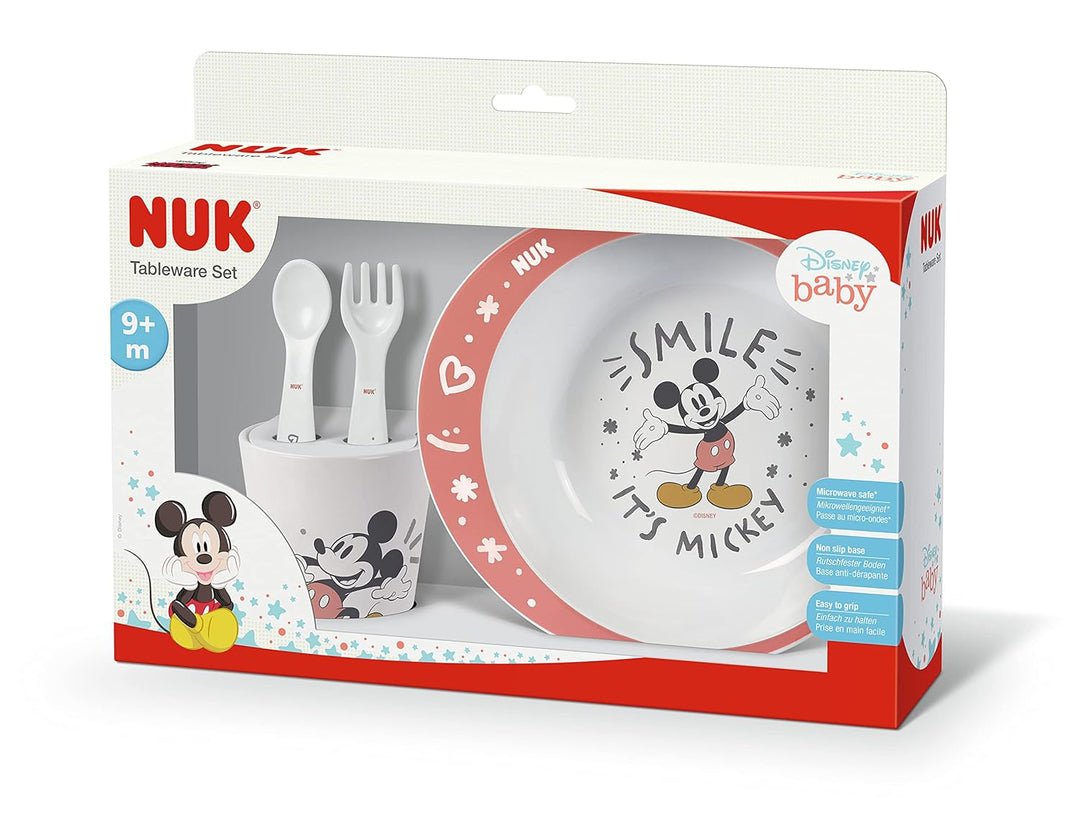 NUK Disney Micky Geschirrset | ab 6 Monaten | enthält Teller, Gabel, Löffel und Becher | Disney Mick