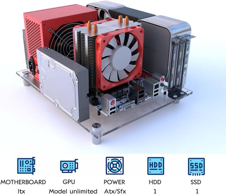 Individualisierbares Open Frame-PC-Gehäuse aus Acryl für ITX Motherboards - Gaming- und Testbank-Rac