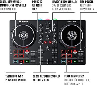 Numark Party Paket - Party Mix II DJ Controller Pult mit 2 Decks, eingebauten DJ-Lichtern & DJ-Mixer