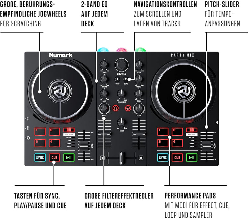 Numark Party Paket - Party Mix II DJ Controller Pult mit 2 Decks, eingebauten DJ-Lichtern & DJ-Mixer