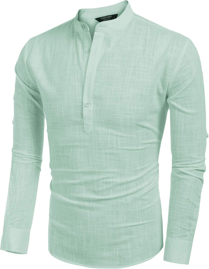 COOFANDY Herren Hemd Langarm Henley Shirt Leinenhemd Baumwolle Casual Regular Fit Sommerhemd XXL Grü