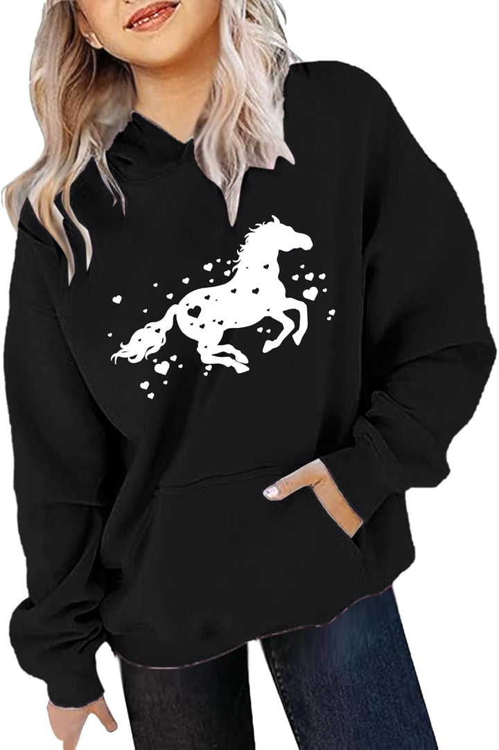 Schlafanzüge Für Mädchen Langarm-Kapuzenpullover mit Pferde-Print für Kinder Babysachen Mädchen Pull
