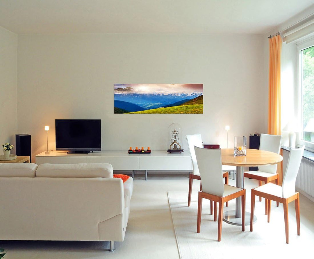 Paul Sinus Art Panoramabild auf Leinwand und Keilrahmen 120x40cm Georgien Kaukasus Berge Schnee Wolk