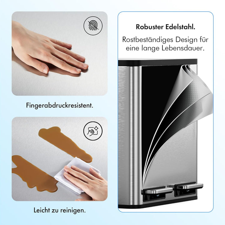 VonHaus Mülleimer Küche 2 Fächer, 30L Recycling Mülltrennsystem – Abfalleimer Biomüll, Rutschfester