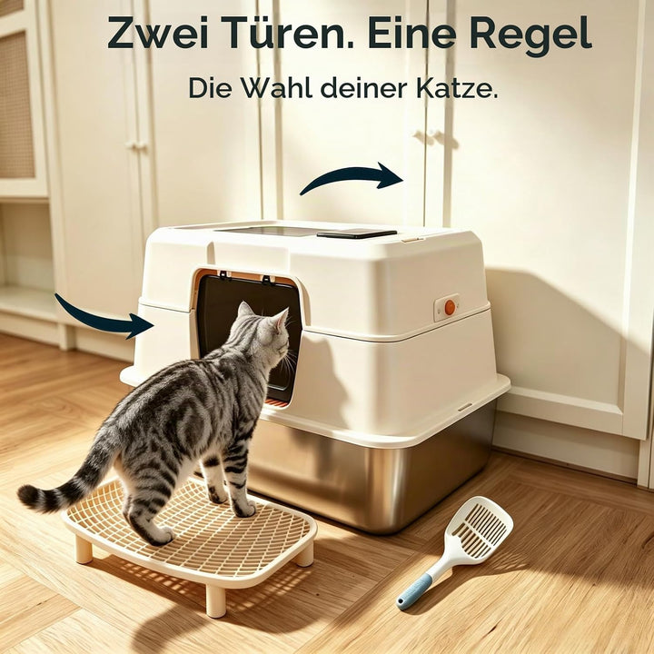 Geschlossene Edelstahl Katzentoilette, Extra Gross mit Vorder- &amp; Topfeinstieg, Geruchsdicht – inkl.
