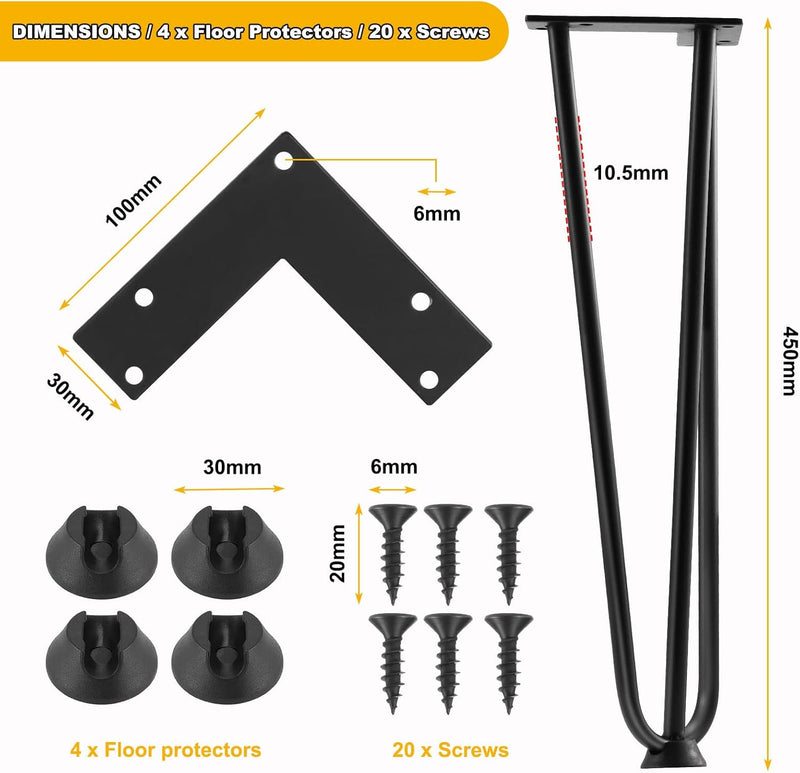 Knpwer 4 Stück Haarnadel Tischbein 45 cm,3 Stangen Haarnadel Füsse,DIY Black Hairpin Couchtisch Bein