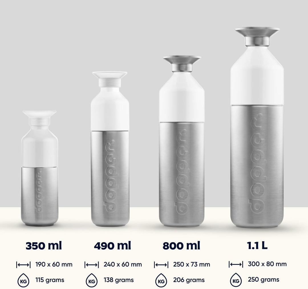Dopper Steel Trinkflasche 350ml, 490ml, 800ml, 1.1L - Edelstahl Flasche - BPA freie Wasserflasche, 1