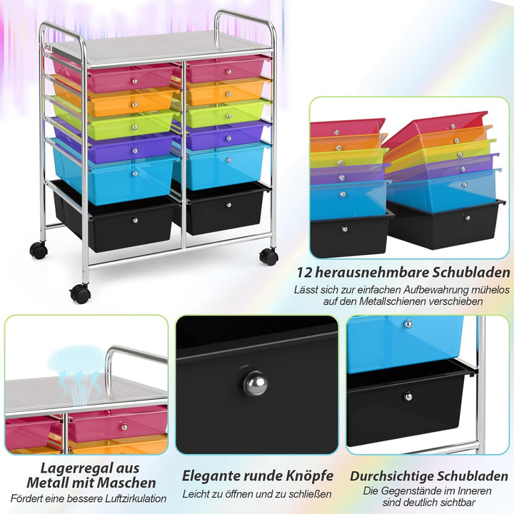 COSTWAY Rollwagen mit 12 stapelbaren Schubladen, Schubladenwagen Rollcontainer mit Metallgestell und