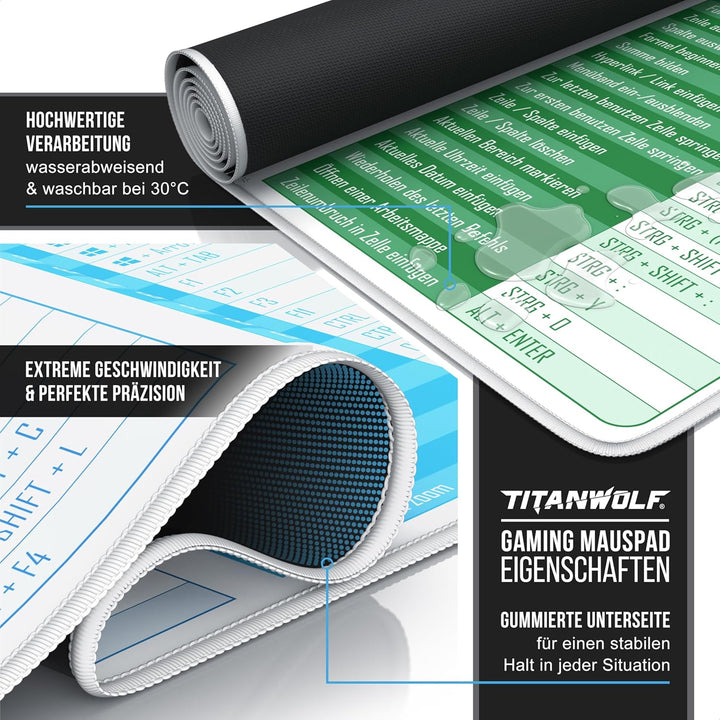 TITANWOLF - XXL Speed Gaming Mauspad 900 x 400mm - Tastatur Excel Windows Outlook Word Shortcut Tast
