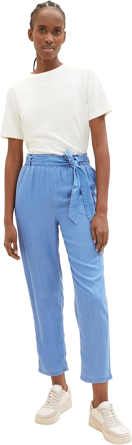 TOM TAILOR Denim Damen Tapered Relaxed Fit Paperbag Hose mit Bindegürtel S 12328 - Bright Mid Blue C