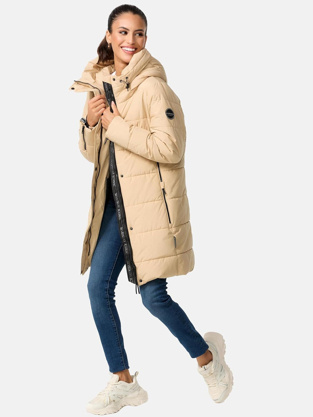 MARIKOO Damen Wintermantel Warmer Steppmantel lang mit Kapuze und hohem Kragen Karumikoo XVI XS-3XL