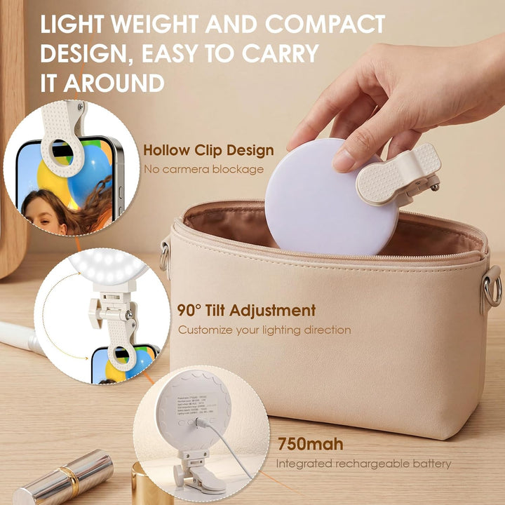 GlobalCrown Selfie Licht Handy,handylicht mit 100 LED,wiederaufladbare Beleuchtung zum Aufstecken,3