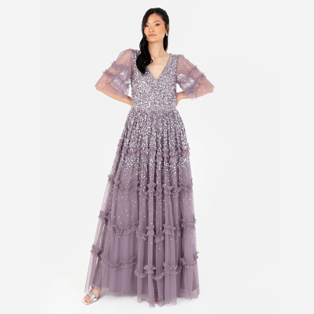 Maya Deluxe Damen Women's Maxi Ladies V-Neck Sequin Embellished Ruffle Detail for Wedding Guest Brid