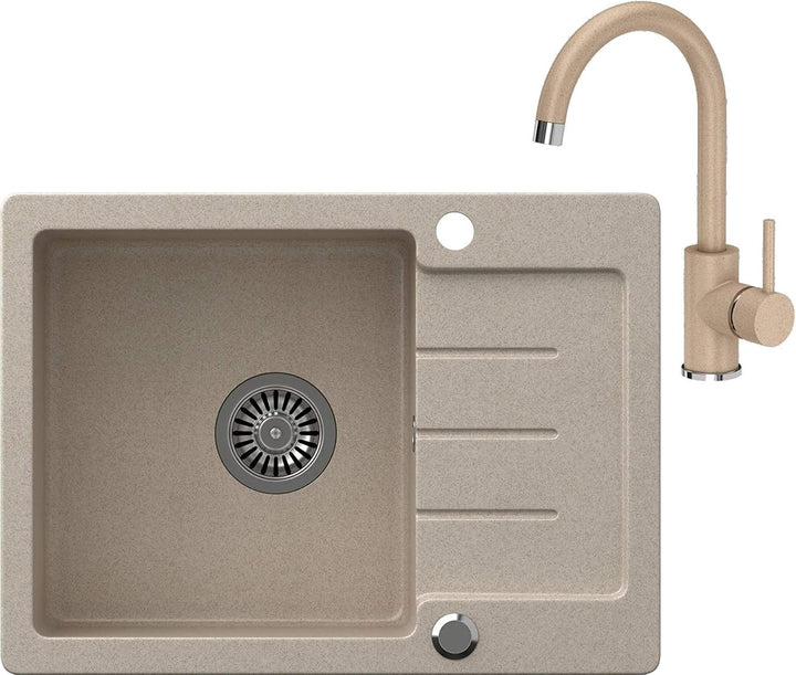 VBChome Spülbecken Beige Granit 60 x 44 cm Einzelbecken Einbauspüle gesprenkelt reversibel Verbundsp