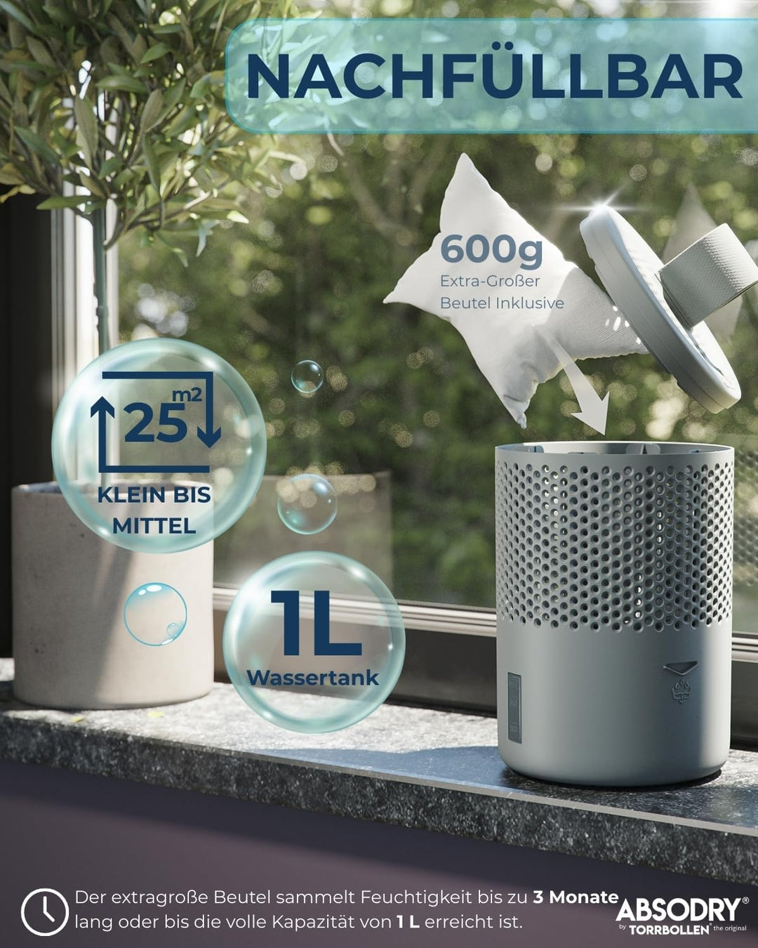 Absodry Duo Family Luftentfeuchter für 25m2 Entfeuchter 600 g Granulat-Beutel, 1000 ml leise ohne St
