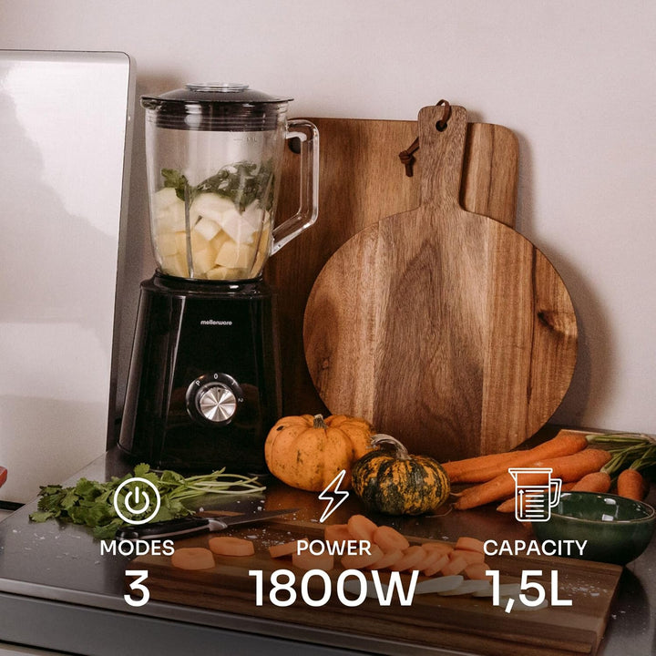 Mellerware Mixy! 1500 W | Glaskanne mit 1,5 l | 2 Geschwindigkeiten + Turbo | professioneller Lebens