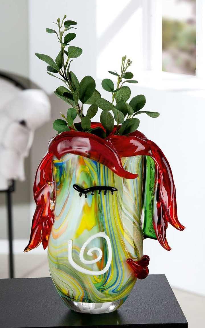 GILDE GLAS art Deko Vase - Gesichtsvase aus Glas - Kunstobjekt, Blumenvase Glasvase - Farbe: Rot/Grü