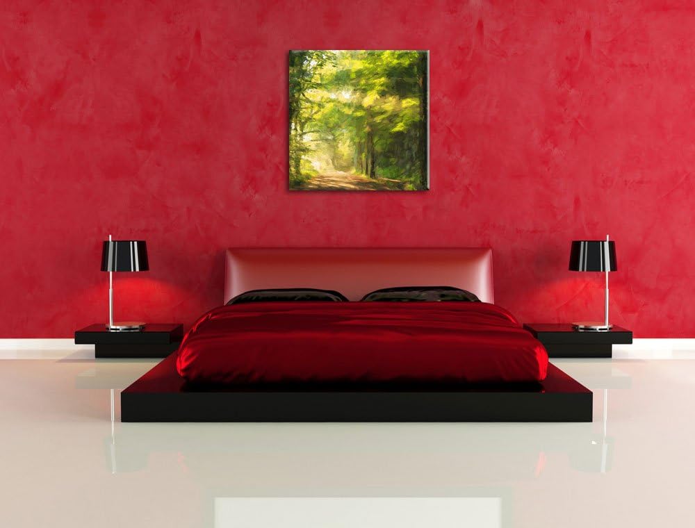 Pixxprint Waldweg im Frühling als Leinwandbild | Grösse: 70x70 cm | Wandbild | Kunstdruck | fertig b