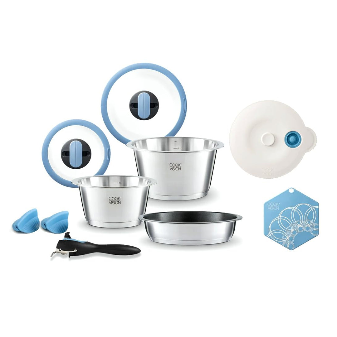 Einsteiger-Set 10-tlg. blau, 2x Edelstahltöpfe und 1x Pfanne für alle Herdarten, 1x Glasdeckel, 1x G