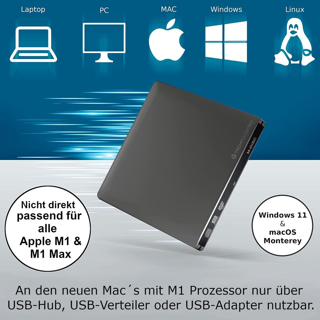 techPulse120 USB 3.0 & Type C M-Disc externer DVDRW CDRW Brenner Writer Alu Grau Burner Superdrive L