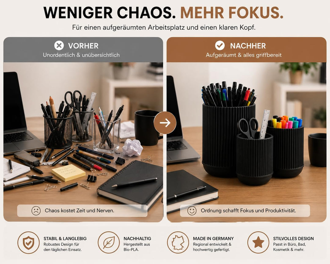 CABU Stiftehalter Schwarz 3er Set – Minimalistischer Schreibtisch Organizer – Multifunktionaler Stif