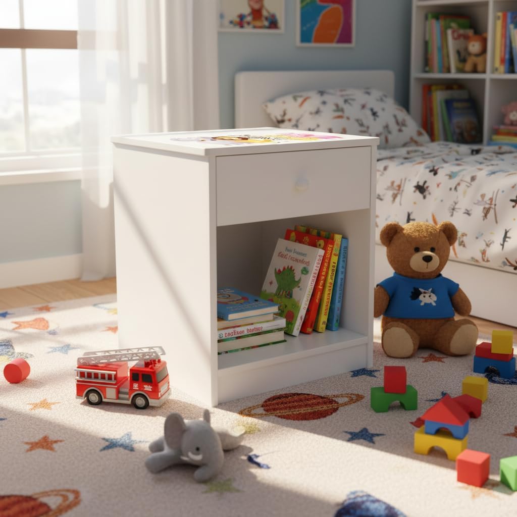 Leomark Nachttisch aus Holz - Animals - Nachtschränkchen mit Schublade, Nachtschrank für Kinder, Wei