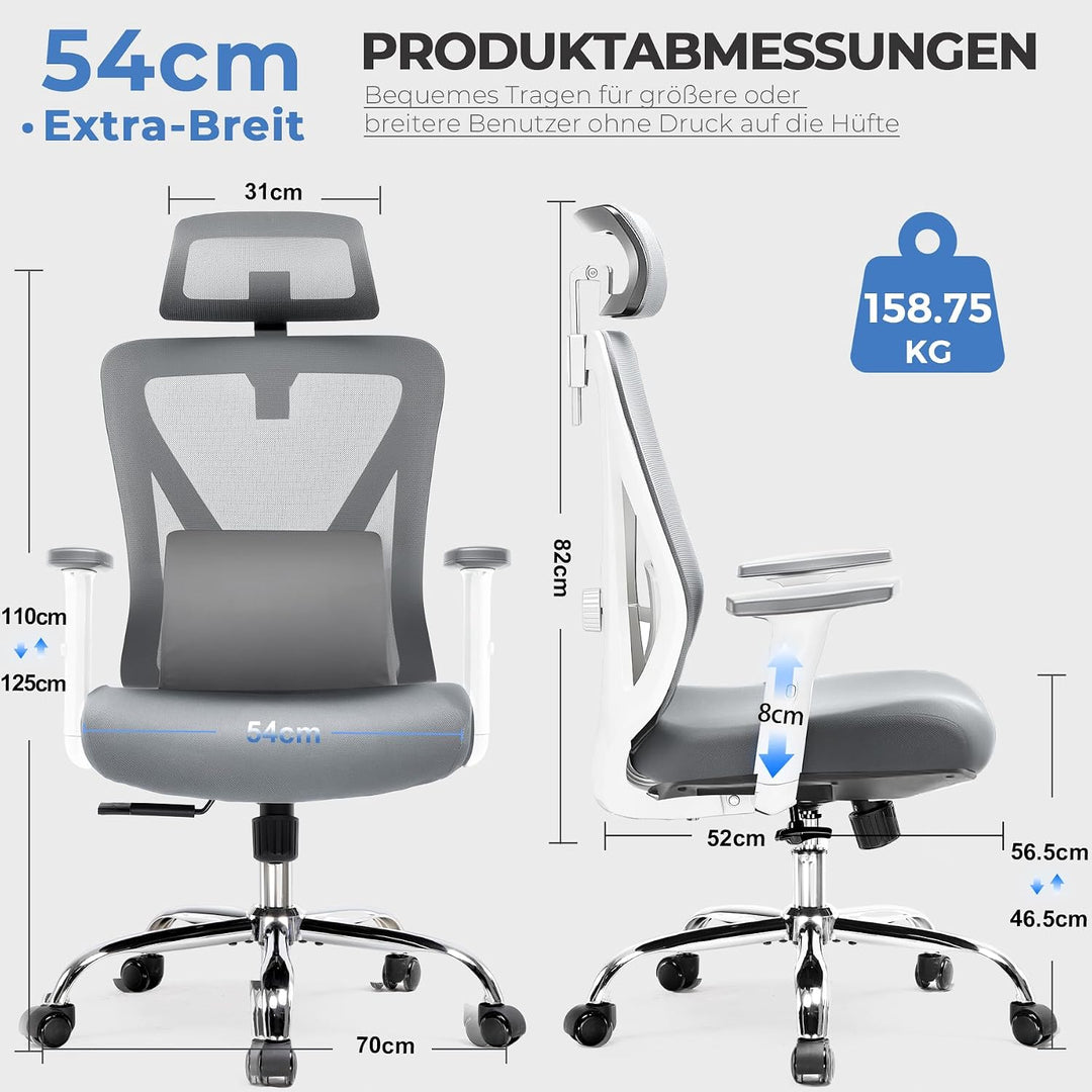 GTPLAYER Bürostuhl Ergonomisch [TESTSIEGER], Schreibtischstuhl mit 3D-Lendenwirbelstütze, Verstellba