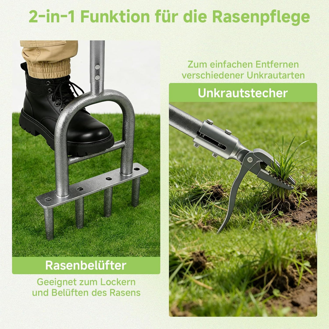 2 in 1 Rasenlüfter mit Unkrautstecher, 4-Loch-Kern Aerifizierer für Rasen, Rutschfester T-Griff, Ras