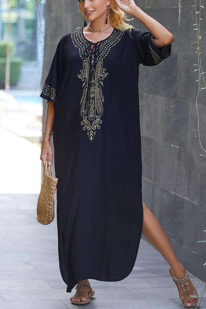 L-Peach Damen Stickerei Kaftan Loungewear Homewear Übergrosse Kimono Maxi Strandkleid Cover Ups Robe
