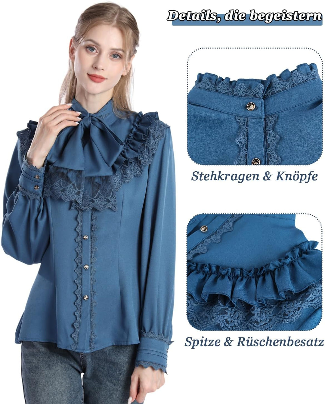 Fiamll Damen Viktorianisch Bluse Vintage Schleifenhemd Stehkragen mit Ruff Langarmshirt Mittelalter