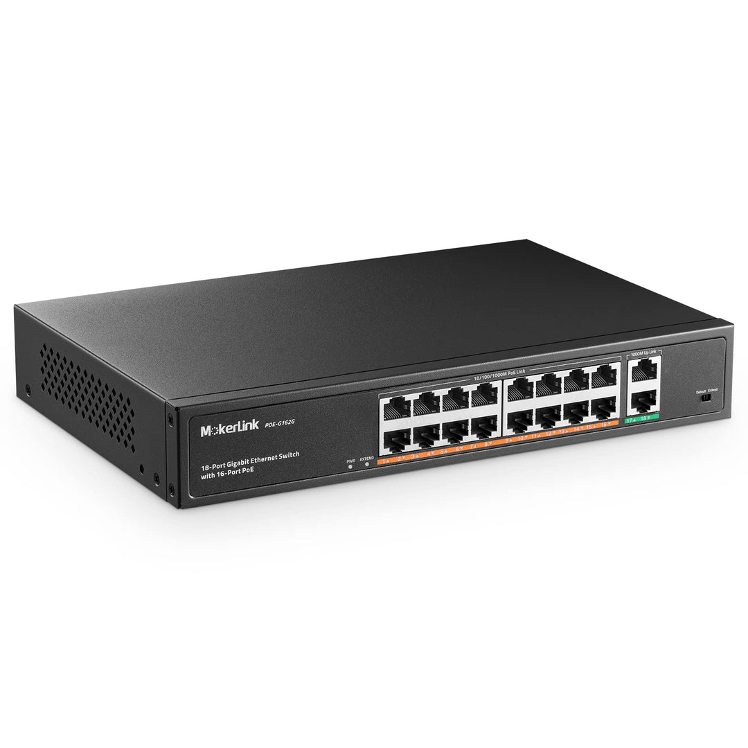 MokerLink 16 Port Gigabit PoE Switch, 2 Gigabit Uplink, 250W IEEE802.3af/at, Nicht Verwalteter Rackm