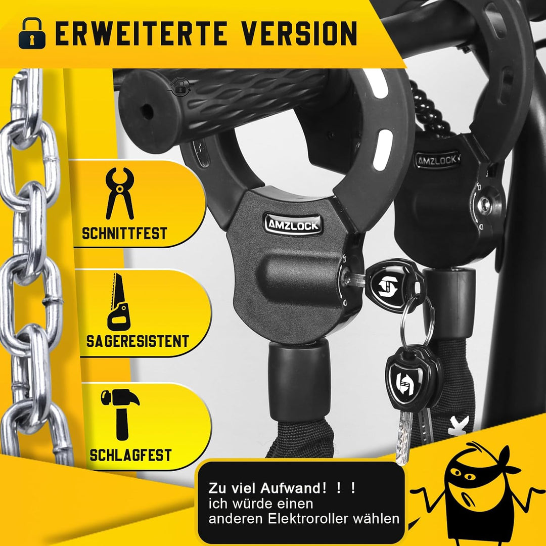 AMZLOCK E Scooter Schloss mit Tasche | 8mm Dicke Kettenschloss | Handschellenschloss für E Scooter |