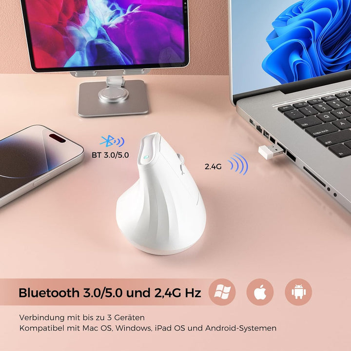 KYSONA Vertikale Ergonomische Maus 57°, Kabellos Bluetooth & 2,4 GHz, 5 DPI-Stufen, Leise Klicks, Ha