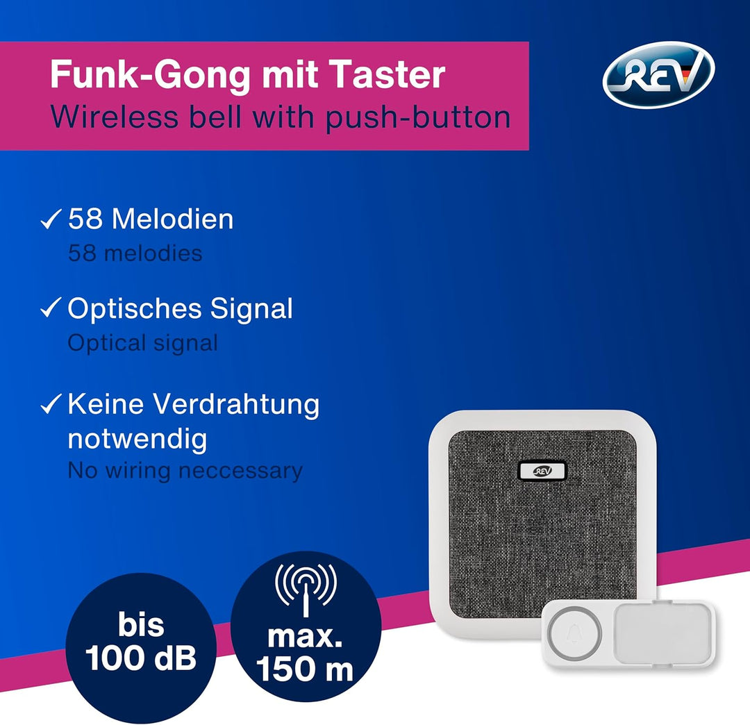 REV 0082610103 Funk Türgong Set Orchestra drahtlos, 150m, 90dB, Funkgong 230VAC und Klingeltaster, w